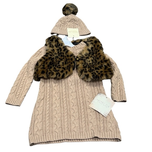 Rachel Zoe Baby 3 Piece Set 18 M Cable Knit Dress Leopard Print Vest Beanie Hat - Picture 1 of 11